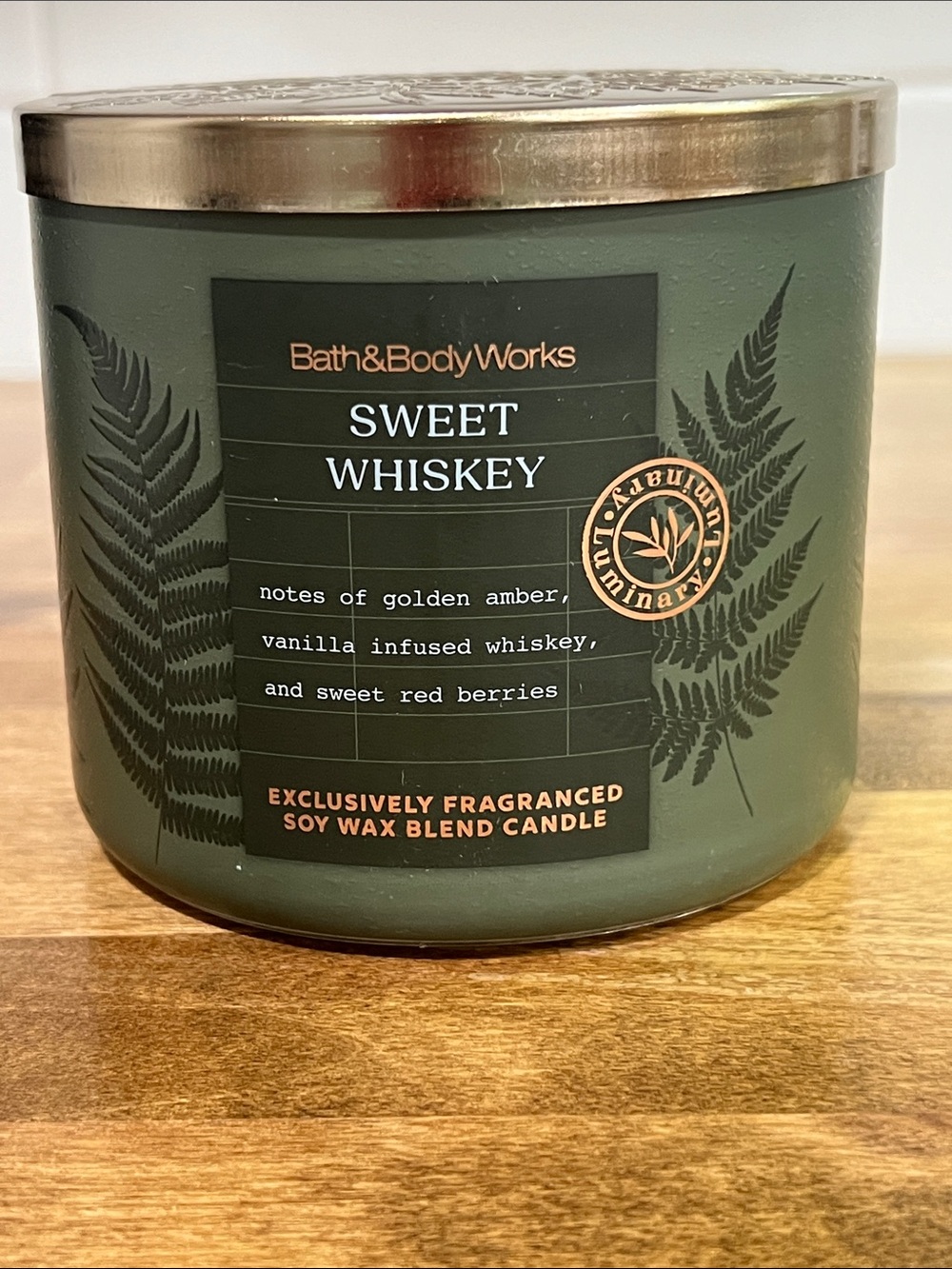 Bath & Body Works Sweet Whiskey Candle — Olive Green with Gold Lid
